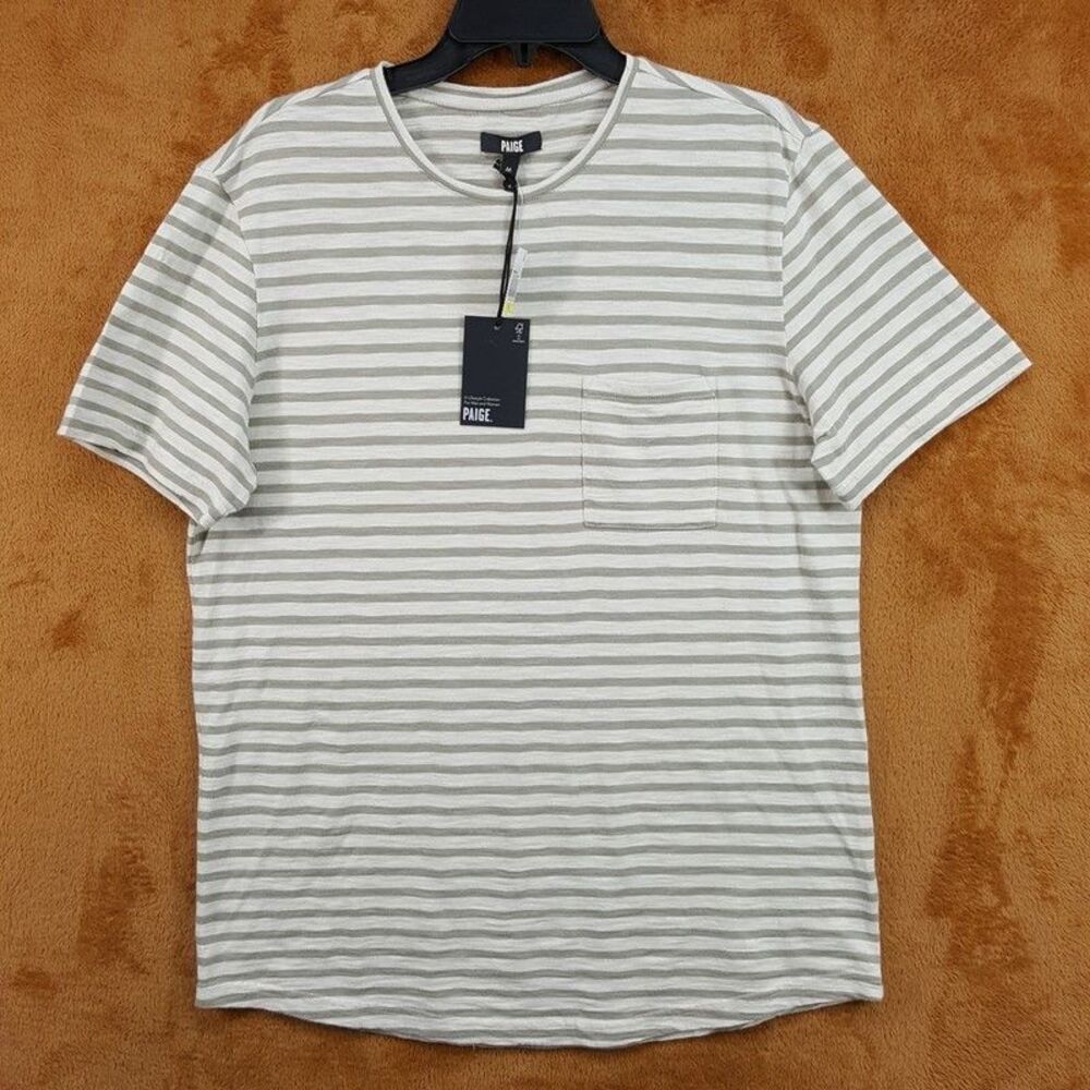 PAIGE Shirt Mens Medium Olive Tan Stripe Pullover Crew Pocket Tee KENNETH $99